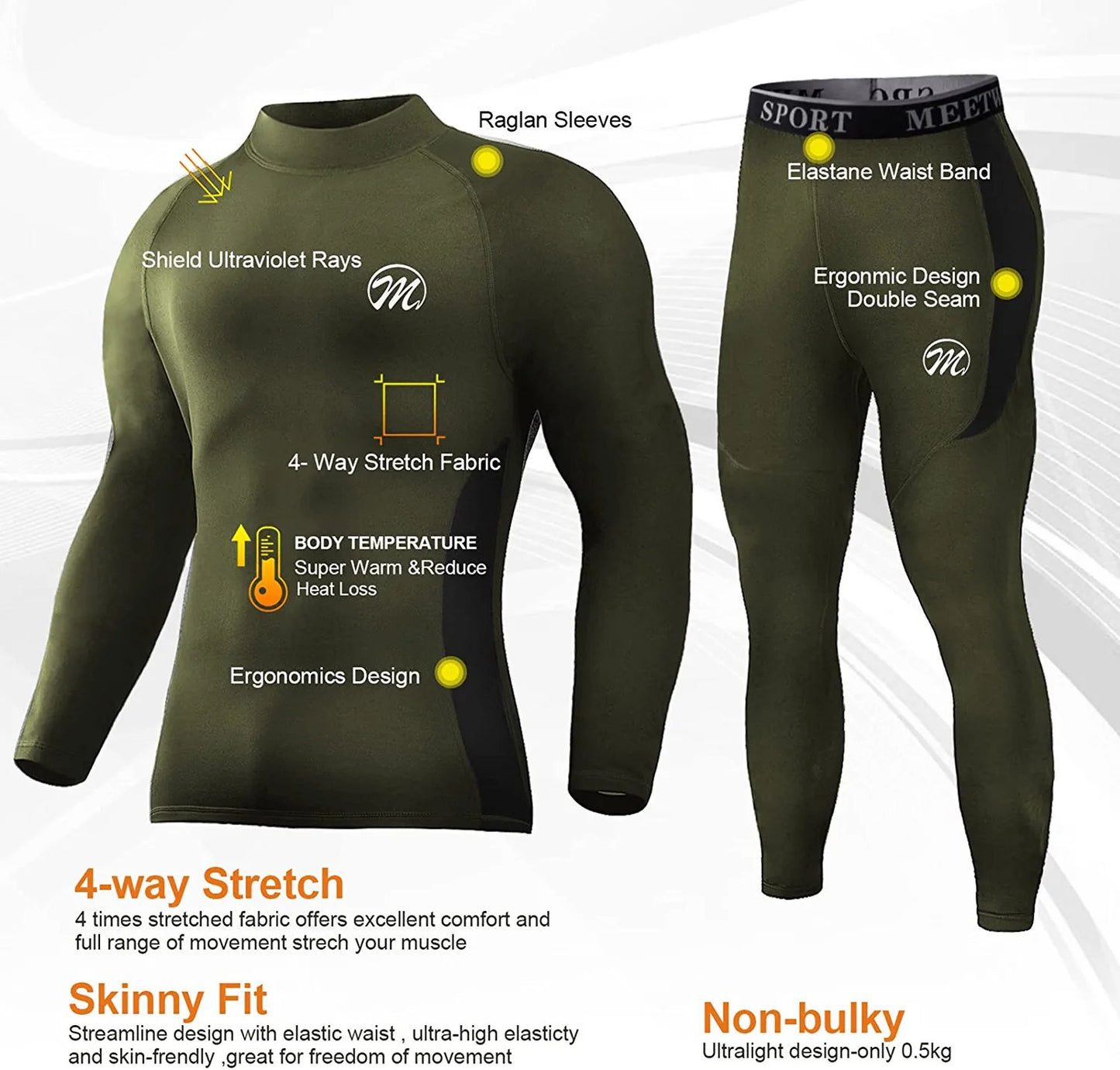 Men's Thermal Underwear Set Winter Ski Gear Fleece Lined Long Johns Base Layer Warm Top & Bottom for Skiing Running