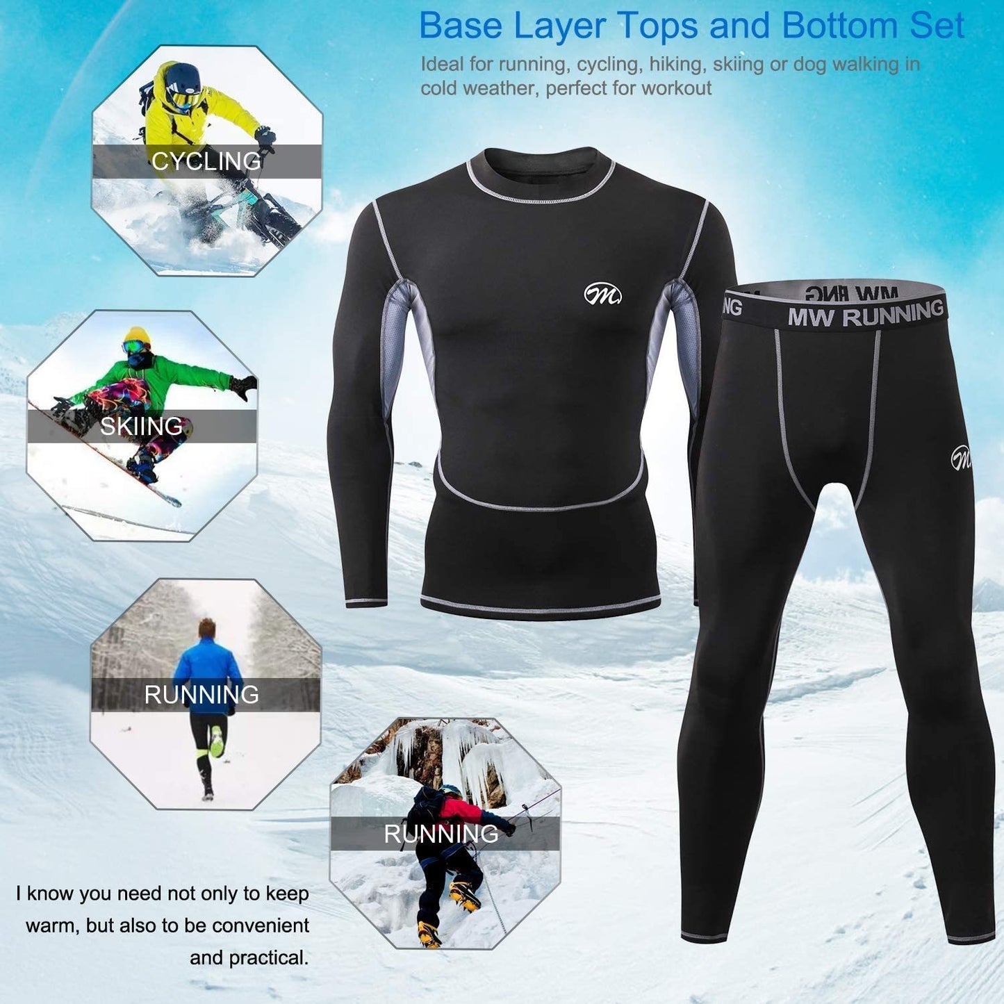 Men’s Thermal Underwear Set, Compression Base Layer Sports Long Johns Fleece Lined Winter Gear Running Skiing