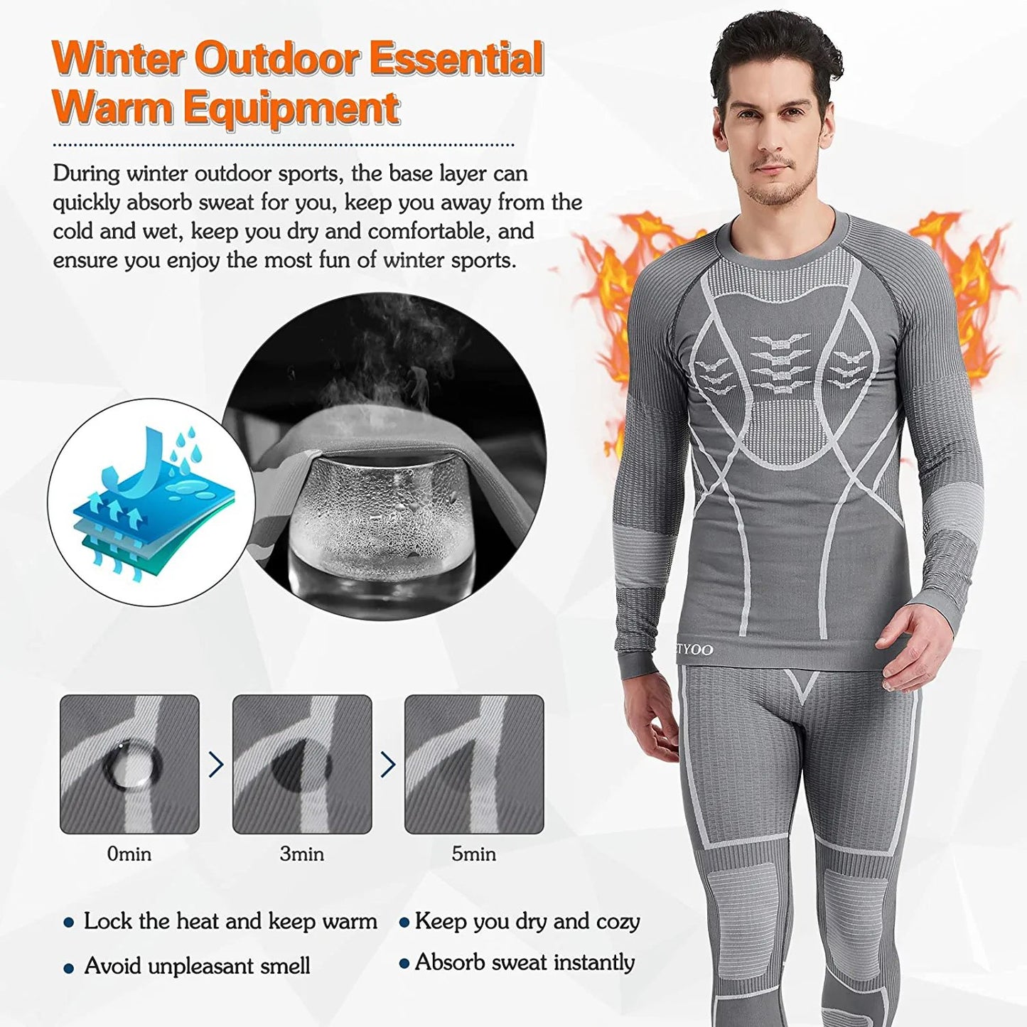 Men's Thermal Underwear Set, Winter Base Layer Sport Long Johns Top & Bottom Suit Compression Cold Weather Gear for Skiing