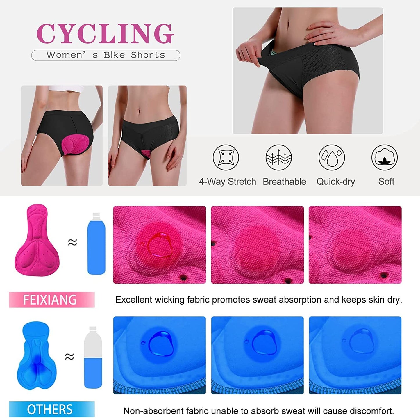 Women's Cycling Underwear, 4D Padded Gel Bike Shorts Lightweight Quick Dry Cycling Knickers