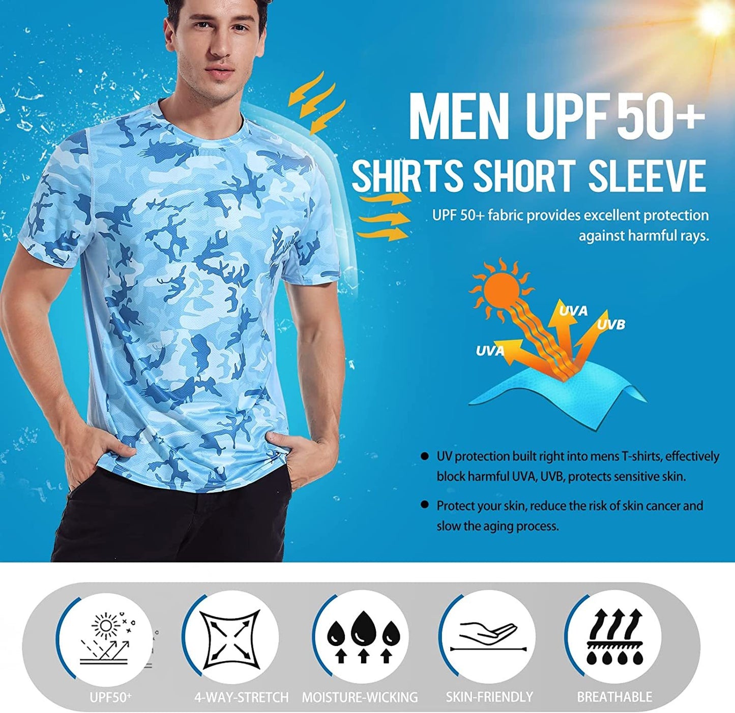 Men’s Rash Guard, Rash Vest UPF 50+ Short Sleeve T Shirt UV Sun Protection Top for Running Surfing Sports