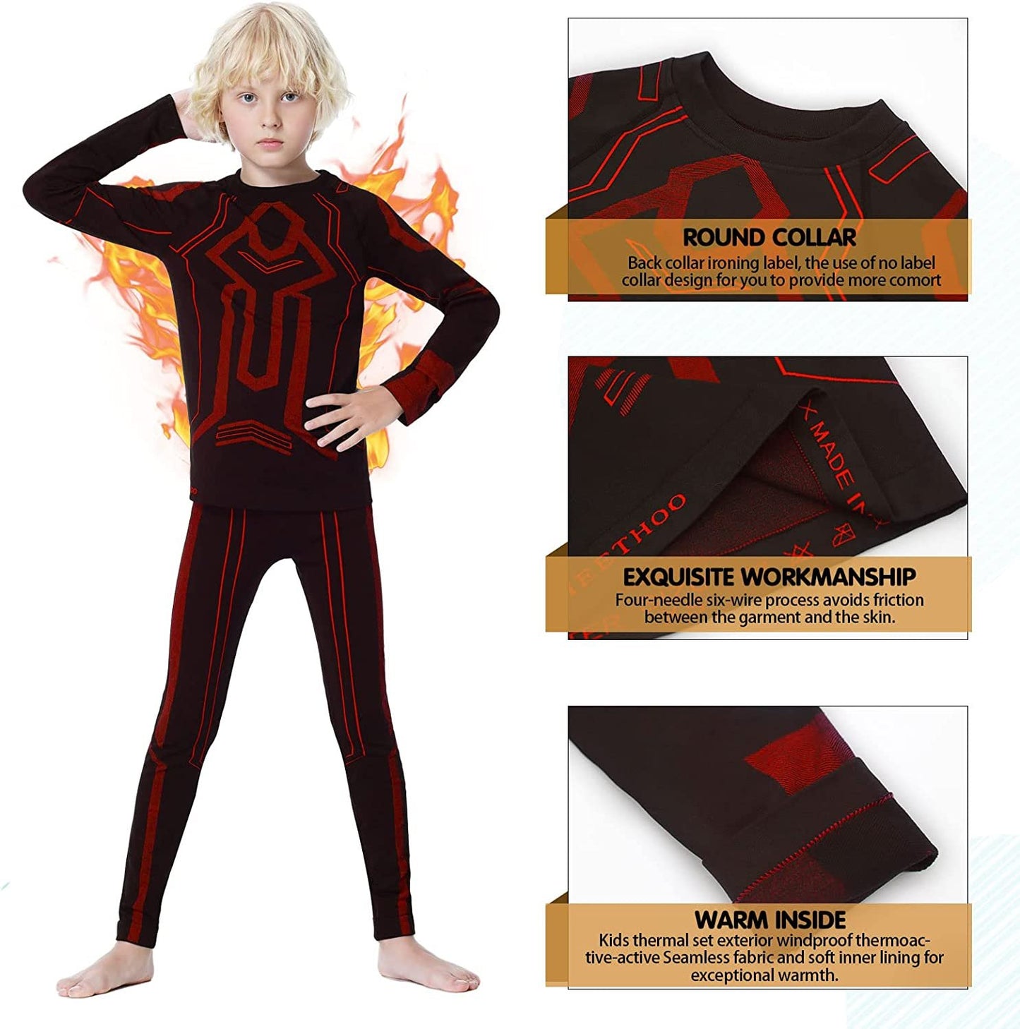 Thermal Underwear Set for Kids Fleece Lined Long Johns Base Layer