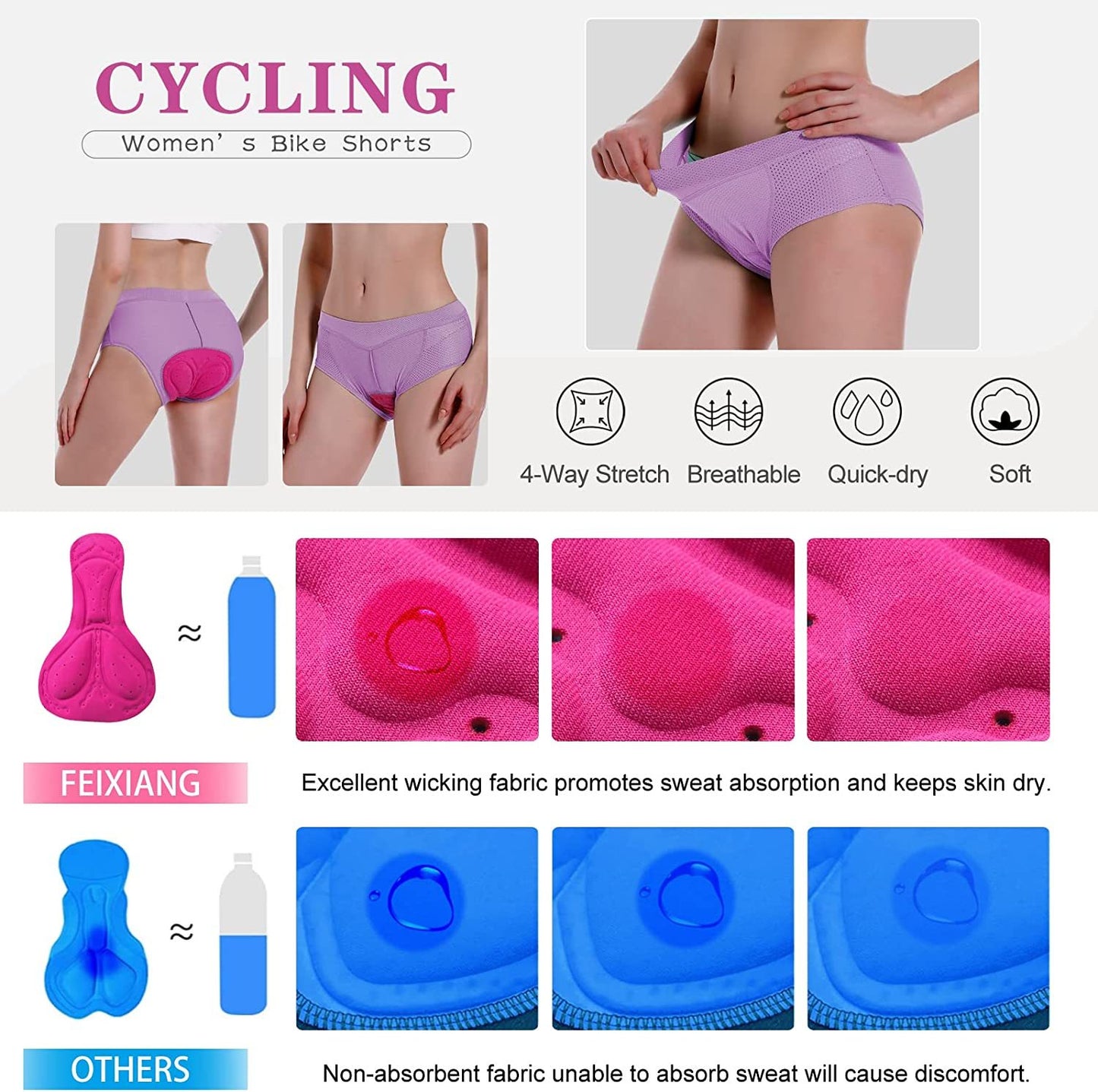 Women's Cycling Underwear, 4D Padded Gel Bike Shorts Lightweight Quick Dry Cycling Knickers