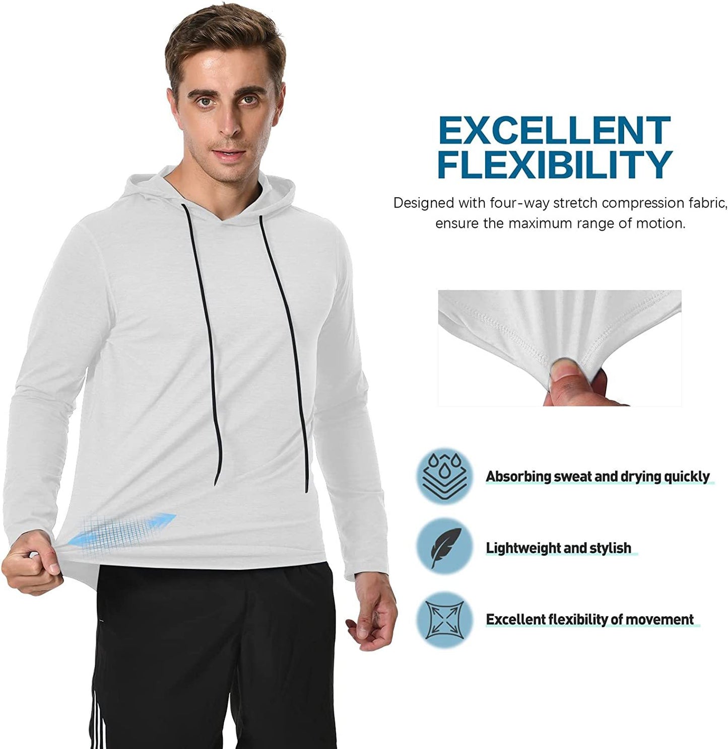 Long Sleeve Workout Hoodie Shirts for Men, Lightweight Athletic Running Hooded T-Shirt Gym Fishing Sweatshirts