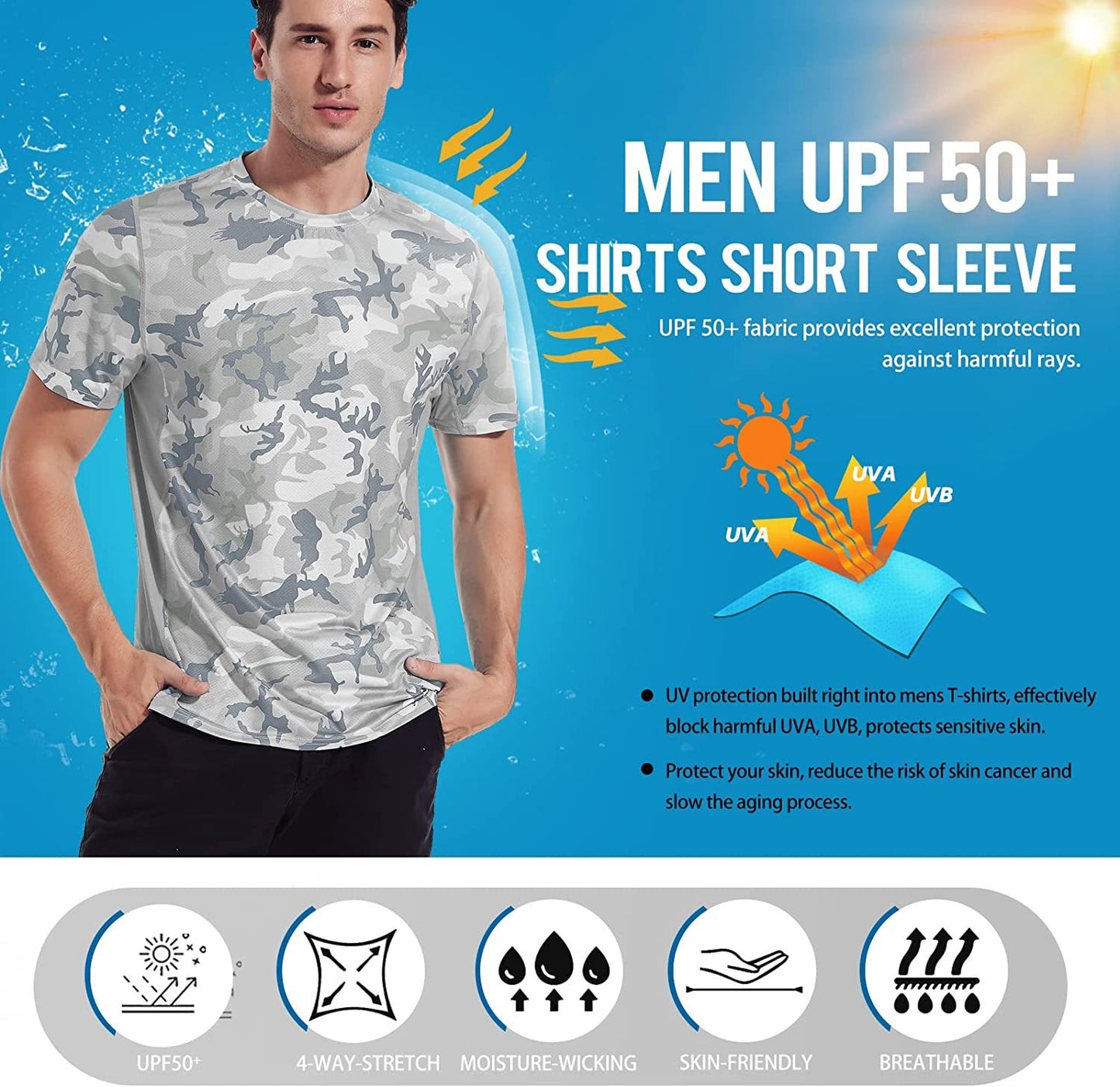 Men’s Rash Guard, Rash Vest UPF 50+ Short Sleeve T Shirt UV Sun Protection Top for Running Surfing Sports