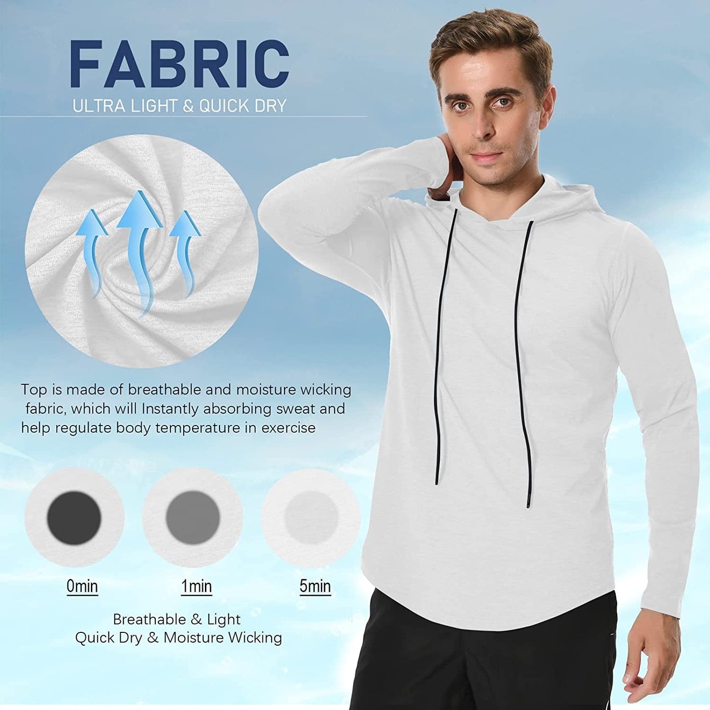 Long Sleeve Workout Hoodie Shirts for Men, Lightweight Athletic Running Hooded T-Shirt Gym Fishing Sweatshirts