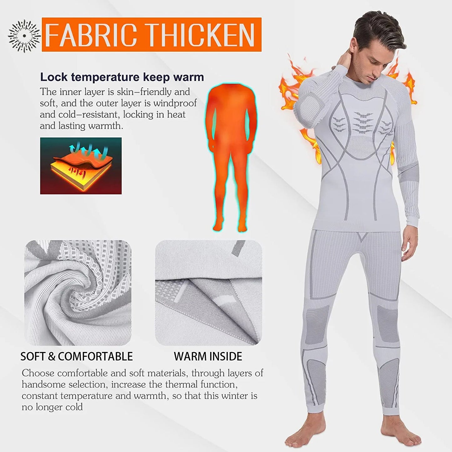 Men's Thermal Underwear Set, Winter Base Layer Sport Long Johns Top & Bottom Suit Compression Cold Weather Gear for Skiing