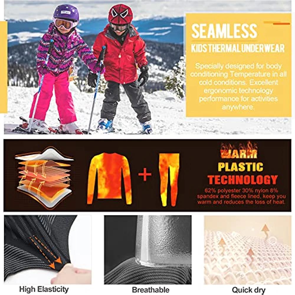 Thermal Underwear Set for Kids, Seamless Long Johns for Boys, Ski Base Layer Leggings & Shirt for Child