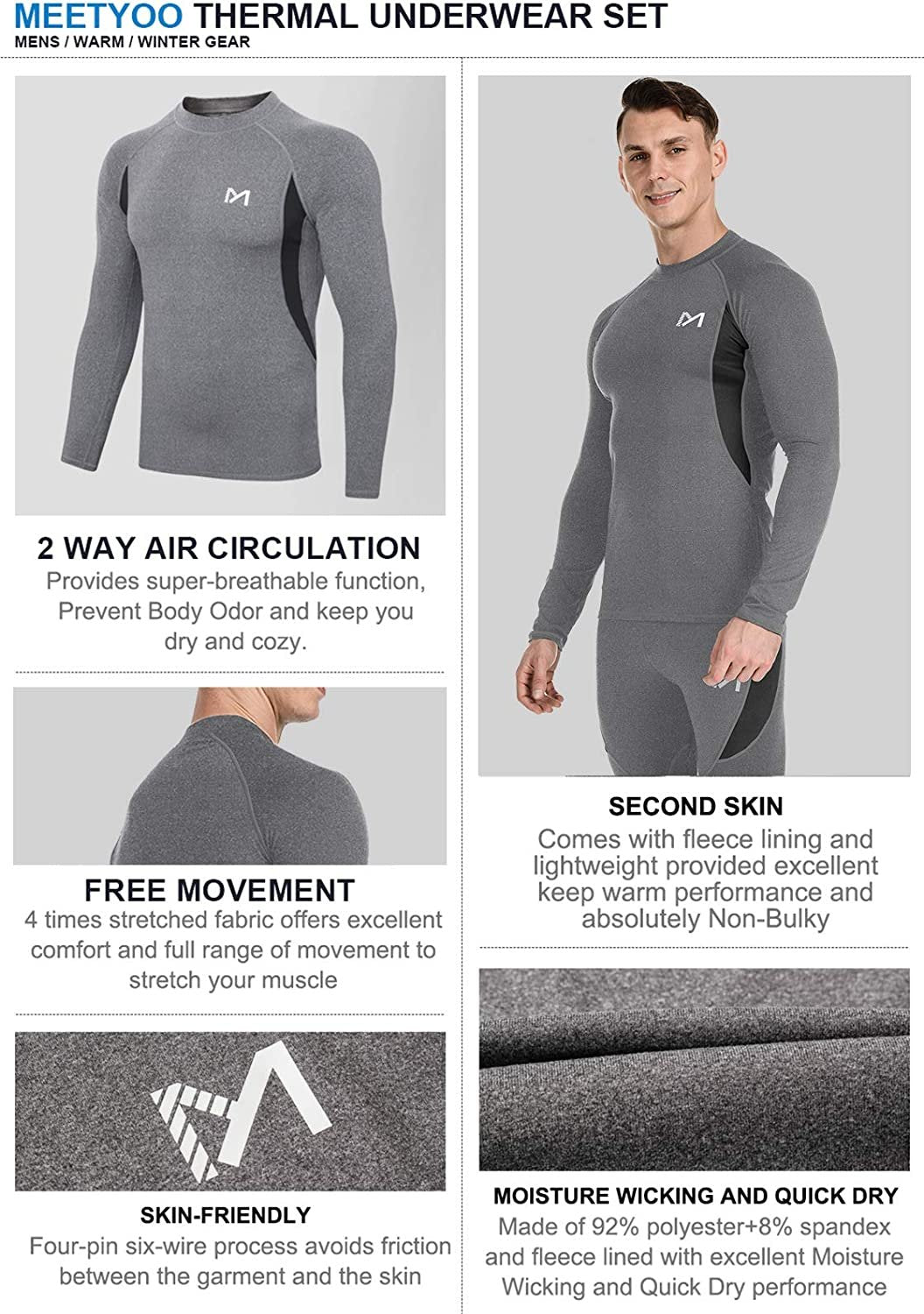 Thermal Underwear for Men, Winter Gear Long Johns Base Layer Top and Bottom Set for Skiing Running