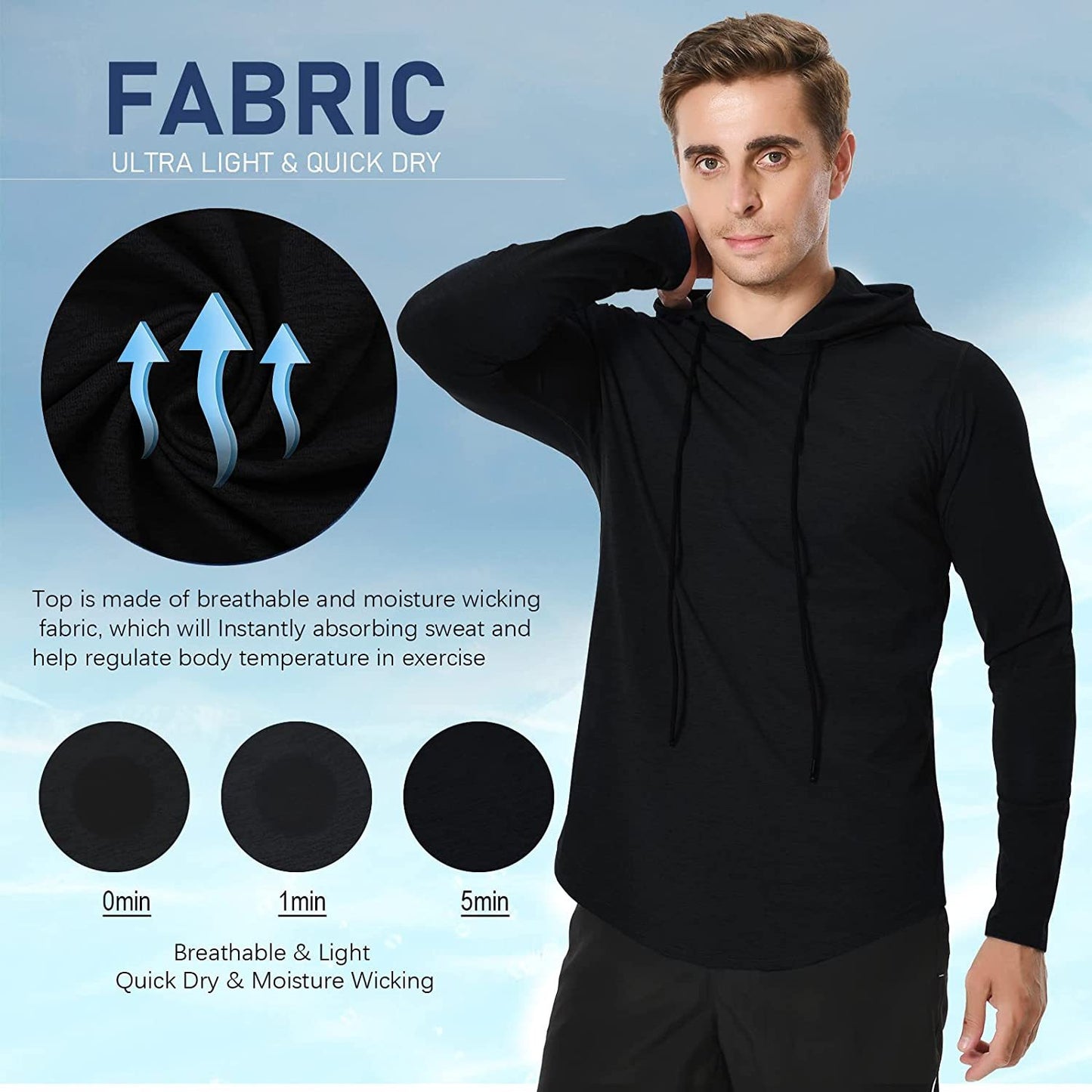 Long Sleeve Workout Hoodie Shirts for Men, Lightweight Athletic Running Hooded T-Shirt Gym Fishing Sweatshirts